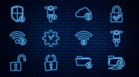 Set line FTP folder and lock, Scooter, Cloud computing, Time Management, Wifi Illustrazione stock