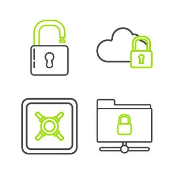 Set line FTP folder and lock, Safe, Cloud computing and Open padlock icon 스톡 일러스트