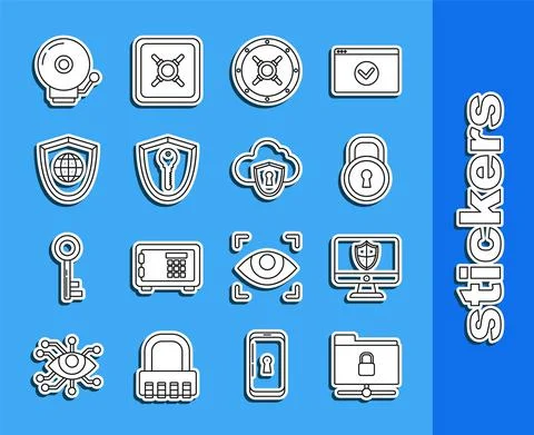 Set line FTP folder and lock, Computer monitor shield, Lock, Safe, Shield with Stock Illustration