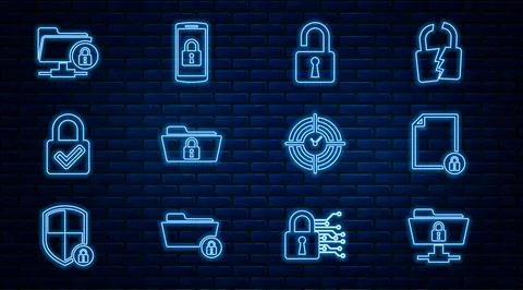 Set line FTP folder and lock, Document, Open padlock, Folder, Lock check mark 스톡 일러스트