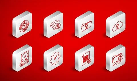 Set line FTP folder and lock, Wifi locked, Folder, Cloud computing, Document Illustrazione stock