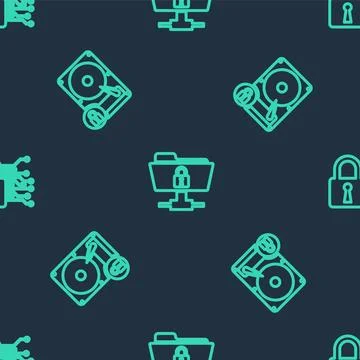 Set line FTP folder and lock, Hard disk drive and Cyber security on seamless Stock Illustration