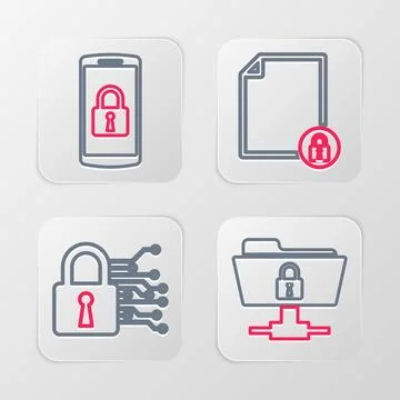 Set line FTP folder and lock, Cyber security, Document and Smartphone with icon Illustrazione stock