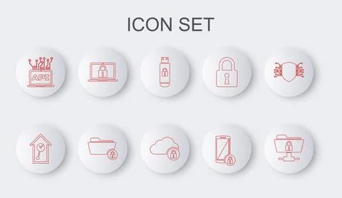 Set line FTP folder and lock, Retro wall watch, USB flash drive with, Smartphone 스톡 일러스트
