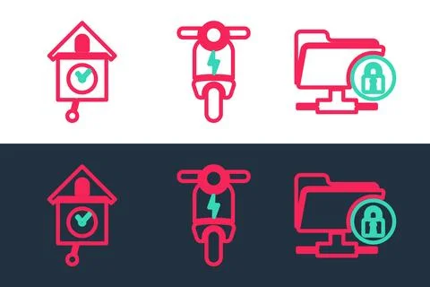 Set line FTP folder and lock, Retro wall watch and Electric scooter icon. Vector Stock Illustration