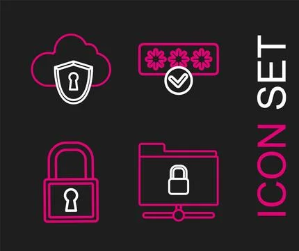 Set line FTP folder and lock, Lock, Password protection safety access and Cloud Illustrazione stock