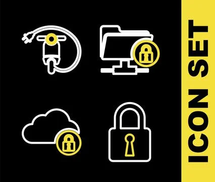 Set line FTP folder and lock, Lock, Cloud computing and Electric scooter icon Stock Illustration