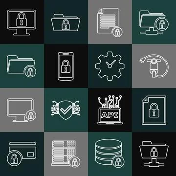 Set line FTP folder and lock, Document, Electric scooter, Smartphone with Illustrazione stock