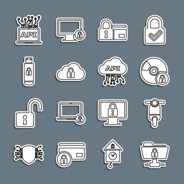 Set line FTP folder and lock, Scooter, CD or DVD disk with, Credit card, Cl.. Stock Illustration