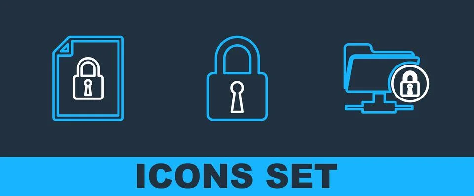 Set line FTP folder and lock, Document and Lock icon. Vector Illustrazione stock