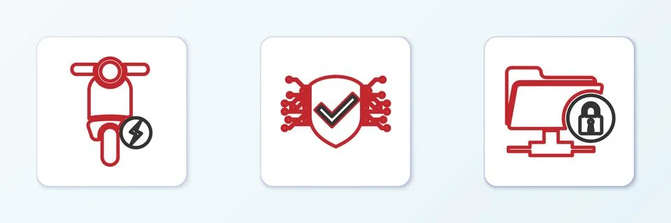 Set line FTP folder and lock, Electric scooter and Cyber security icon. Vecto Illustrazione stock
