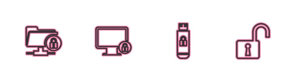 Set line FTP folder and lock, USB flash drive with, Lock on monitor and Open  Stock Illustration