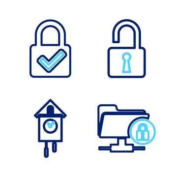 Set line FTP folder and lock, Retro wall watch, Open padlock and Lock check.. Stock-Illustration