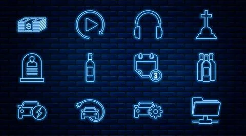 Set line FTP folder, Bottles of wine, Headphones, Tombstone with RIP written Illustrazione stock