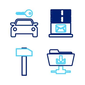 Set line FTP folder download, Hammer, Mail server and Car rental icon. Vector 스톡 일러스트
