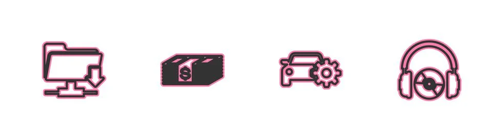 Set line FTP folder download, Car service, Paper money dollars cash and Stock Illustration