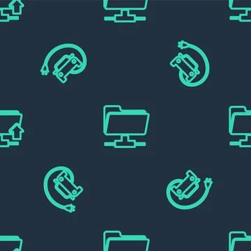 Set line FTP folder, Electric car and upload on seamless pattern. Vector Stock Illustration