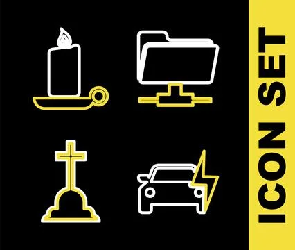 Set line FTP folder, Electric car, Tombstone with cross and Burning candle .. Stock Illustration