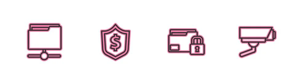 Set line FTP folder, Folder and lock, Shield with dollar and Security camera Stock Illustration