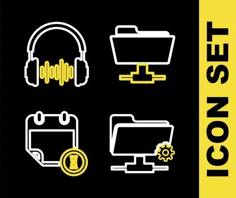 Set line FTP folder, settings, Calendar and clock and Headphone sound waves icon Stock Illustration