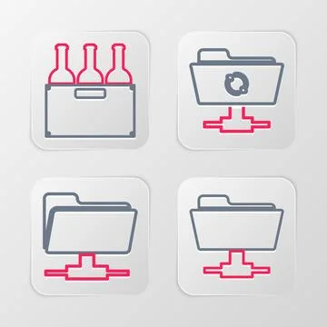 Set line FTP folder, sync refresh and Bottles of wine in box icon. Vector 스톡 일러스트