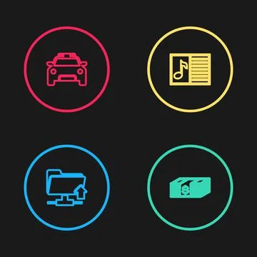 Set line FTP folder upload, Paper money dollars cash, Music book with note and Stockillustratie