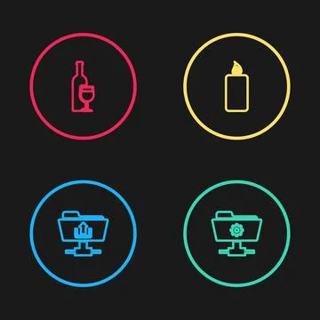 Set line FTP folder upload, settings, Burning candle and Wine bottle with glass Stock Illustration