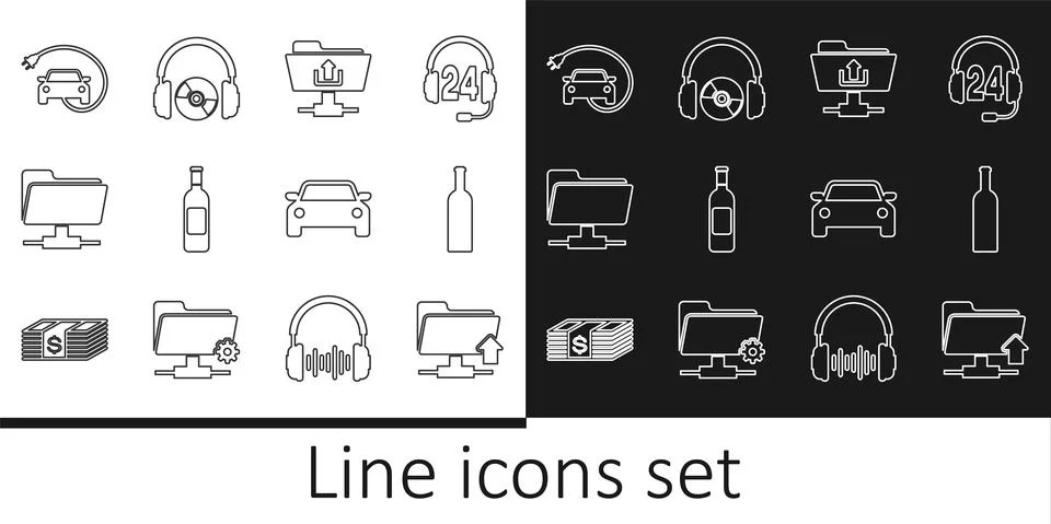 Set line FTP folder upload, Bottle of wine, Electric car, Car and Headphones and Stock Illustration
