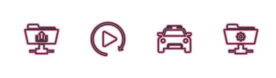 Set line FTP folder upload, Police car and flasher, Video play button and 스톡 일러스트