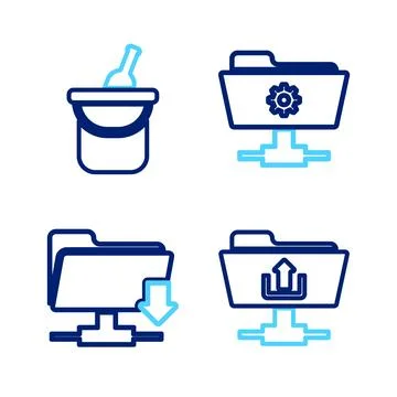 Set line FTP folder upload, download, settings and Bottle of wine bucket icon Stock Illustration