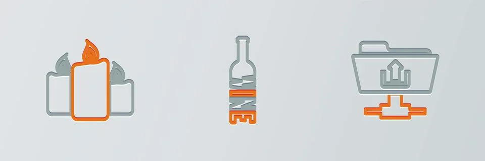 Set line FTP folder upload, Burning candles and Bottle of wine icon. Vector Stock Illustration