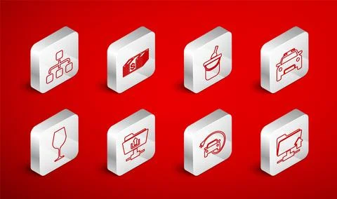 Set line FTP folder upload, Paper money dollars cash, Bottle of wine in buc.. Stock Illustration