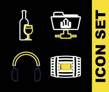 Set line FTP folder upload, Wooden barrel for wine, Headphones and Wine bot.. Illustrazione stock