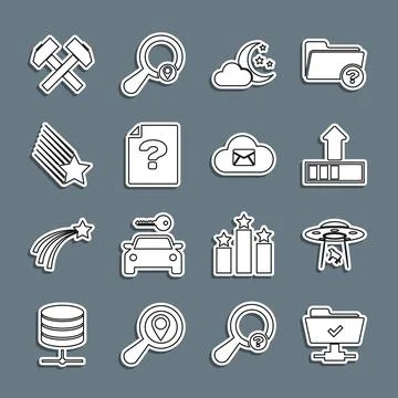 Set line FTP operation successful, UFO abducts cow, Loading, Cloud with moon and Stock Illustration