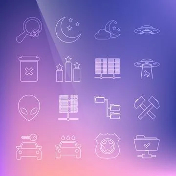 Set line FTP operation successful, Two crossed hammers, UFO abducts cow, Cl.. 스톡 일러스트