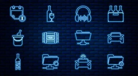 Set line FTP settings folder, Car, Headphone and sound waves, Wooden barrel.. Stock-Illustration