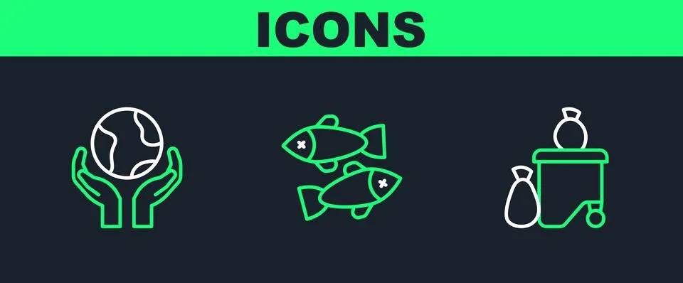 Set line Full dustbin, Hands holding Earth globe and Dead fish icon. Vector Stock Illustration