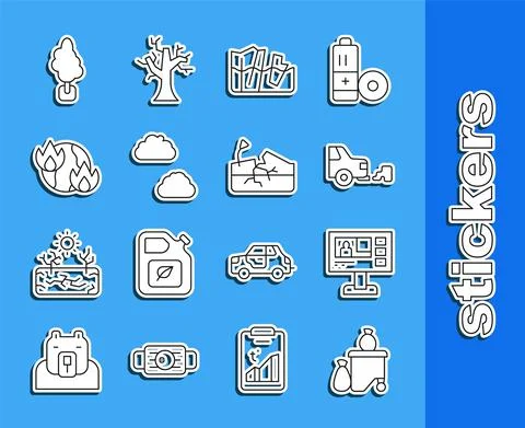 Set line Full dustbin, Television report, Car exhaust, Glacier melting, Cloud Stock Illustration