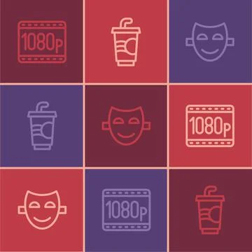 Set line Full HD 1080p, Comedy theatrical mask and Paper glass with water icon Stock Illustration