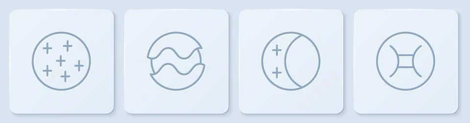 Set line Full moon, Eclipse of the sun, Planet and Gemini zodiac. White square Ilustração Stock