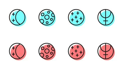 Set line Full moon, Eclipse of the sun,  and Neptune planet icon. Vector Ilustração Stock