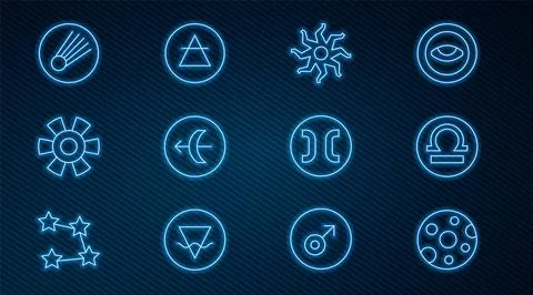 Set line Full moon, Libra zodiac, Sun, Sagittarius, Comet, Pisces and Air e.. Ilustração Stock