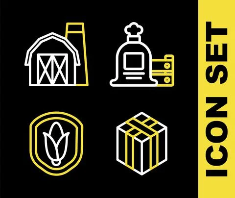 Set line Full sack and wooden box, Bale of hay, Shield corn and Farm house icon Illustrazione stock