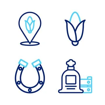 Set line Full sack and wooden box, Horseshoe, Corn and Location corn icon. .. Ilustración de archivo