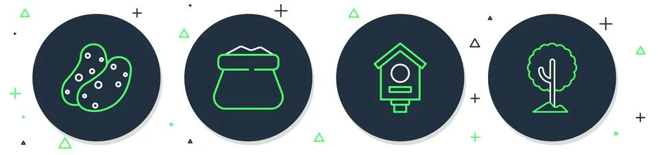Set line Full sack, Bird house, Potato and Tree icon. Vector 스톡 일러스트