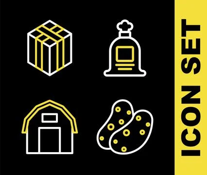 Set line Full sack, Potato, Farm house and Bale of hay icon. Vector 스톡 일러스트