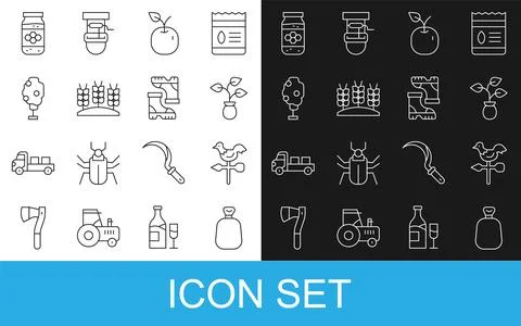 Set line Full sack, Rooster weather vane, Plant, Apple, Wheat, Tree with ap.. Stock Illustration