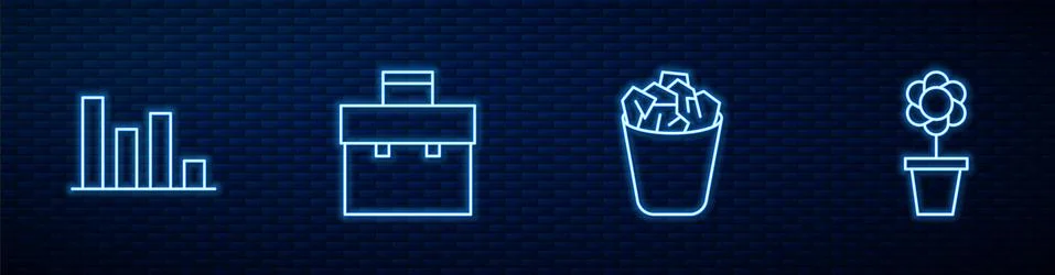 Set line Full trash can, Pie chart infographic, Briefcase and Flower pot Illustration