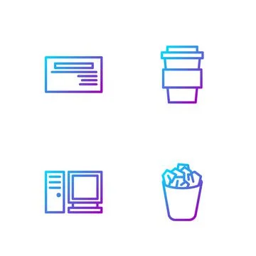 Set line Full trash can, Computer monitor, Business card and Coffee cup go 스톡 일러스트