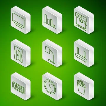 Set line Full trash can, Clock, Computer monitor screen, Table lamp, Pencil Stock Illustration